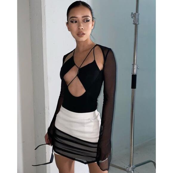 Maison Femalien Lina Cutout Strappy Mesh Bodysuit Black Small - Picture 1 of 8